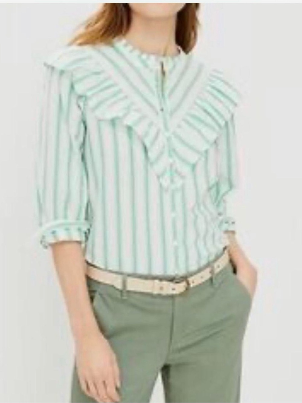NEW Ann Taylor Loft Ruffled Stripe Button-Down Top in Mint